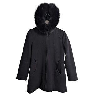 Sachi Collection Black Wool & Cashmere Fox Fur Trim Hooded Coat Size XS